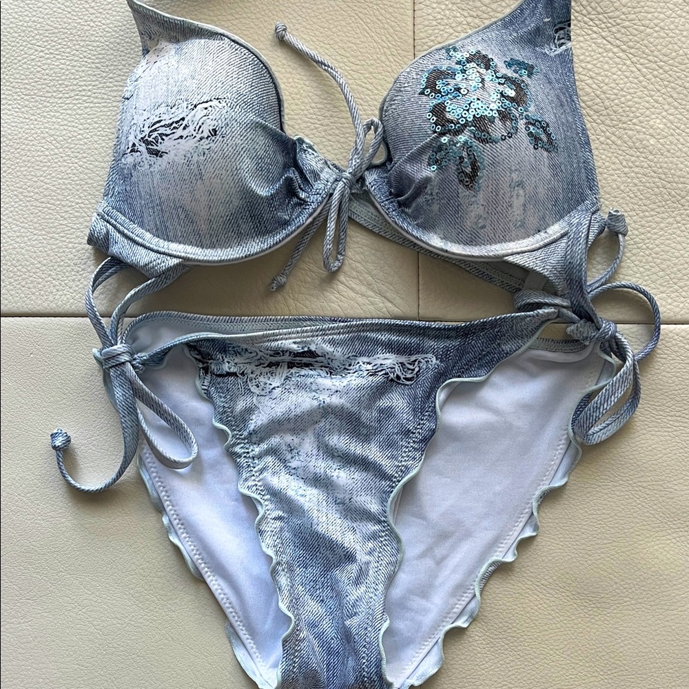 NWOT Distressed Denim Bikini with Floral Sequin